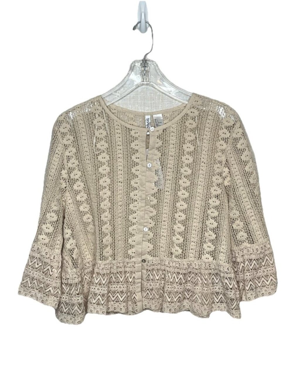 H&M Lace Crochet Peplum Blouse L Beige Boho Bell Sleeve Cotton Prairie Festival
